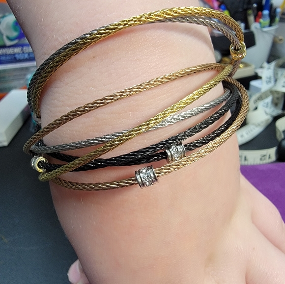 QVC Stainless Steel Multi-Cable Tri-Color Crystal Rolling Bracelet - Picture 4 of 6